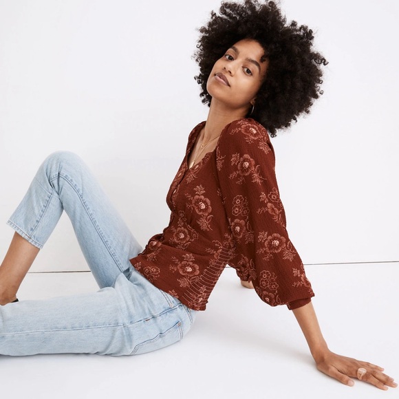 MADEWELL Preston Puff-Sleeve Top in Letterpress Floral STAINED MAHOGANY MEDIUM - Picture 2 of 9